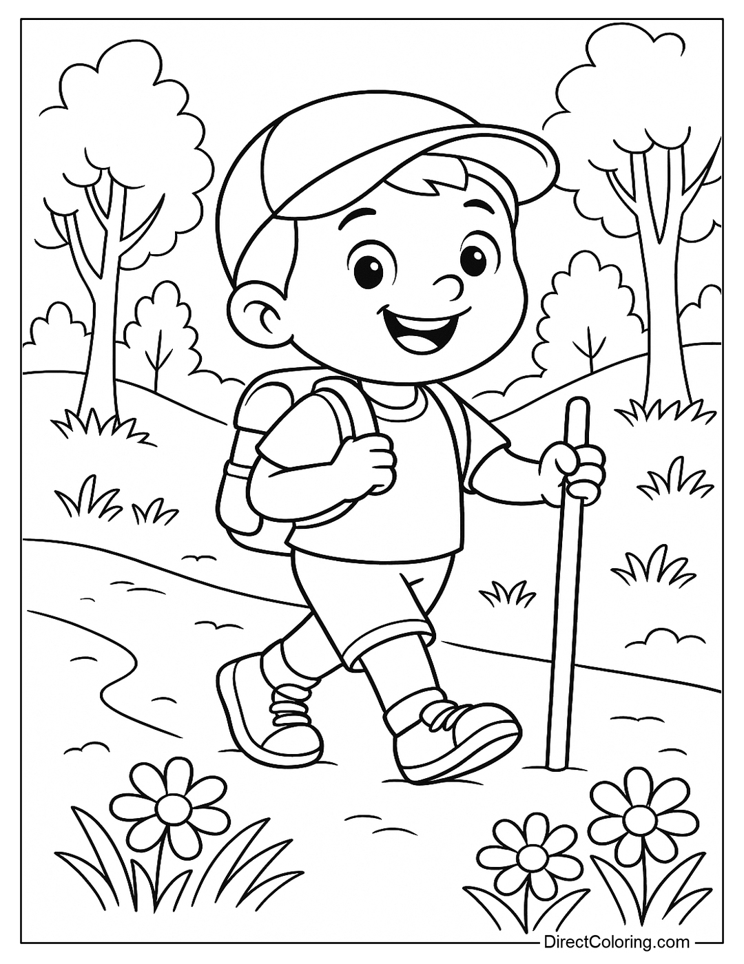 Coloring page of a smiling boy wearing a hat, carrying a small backpack, holding a walking stick on a forest path